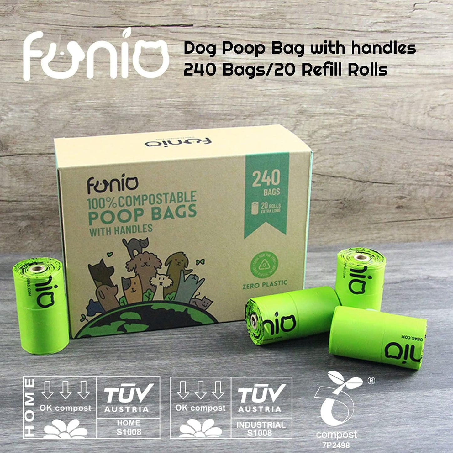 Biodegradable Dog Poop Bag with Handles, 240 Counts 100% Compostable Vegetable Corn Starch Based Dog Poop Bags on Refill Rolls, Home Compost Poop Bags for Dogs and Cat Litters