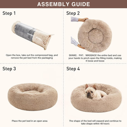 Calming Dog & Cat Bed, Anti-Anxiety Donut round for Indoor Cats, Small Medium Dogs, Fluffy Warming Pet Bed, Beige Taupe 20"/24"