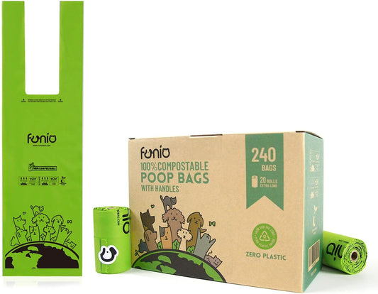 Biodegradable Dog Poop Bag with Handles, 240 Counts 100% Compostable Vegetable Corn Starch Based Dog Poop Bags on Refill Rolls, Home Compost Poop Bags for Dogs and Cat Litters