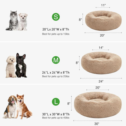 Calming Dog & Cat Bed, Anti-Anxiety Donut round for Indoor Cats, Small Medium Dogs, Fluffy Warming Pet Bed, Beige Taupe 20"/24"