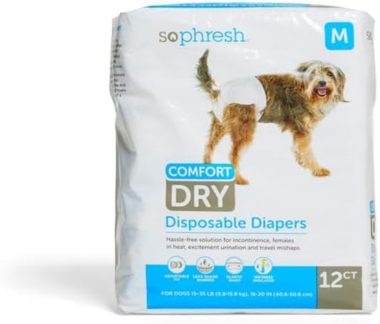 Medium Dry Comfort Disposable Pet Diapers, Count of 12