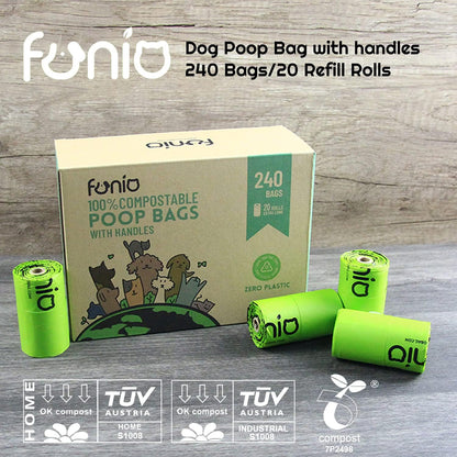 Biodegradable Dog Poop Bag with Handles, 240 Counts 100% Compostable Vegetable Corn Starch Based Dog Poop Bags on Refill Rolls, Home Compost Poop Bags for Dogs and Cat Litters